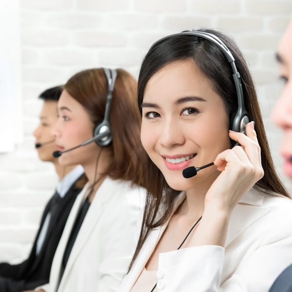 Asian telemarketing customer service agent team, call center job concept